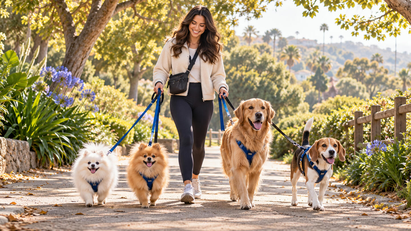 Poppy and Rio, white and orange Pomeranians, enjoying a sunny walk with a golden retriever and beagle.