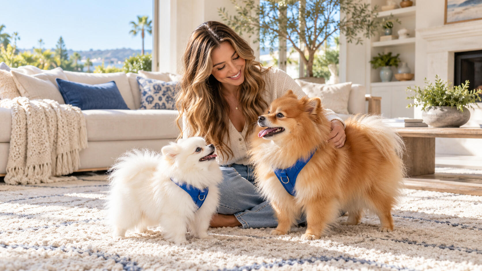 Pet parent sharing a happy moment with Poppy and Rio at home.