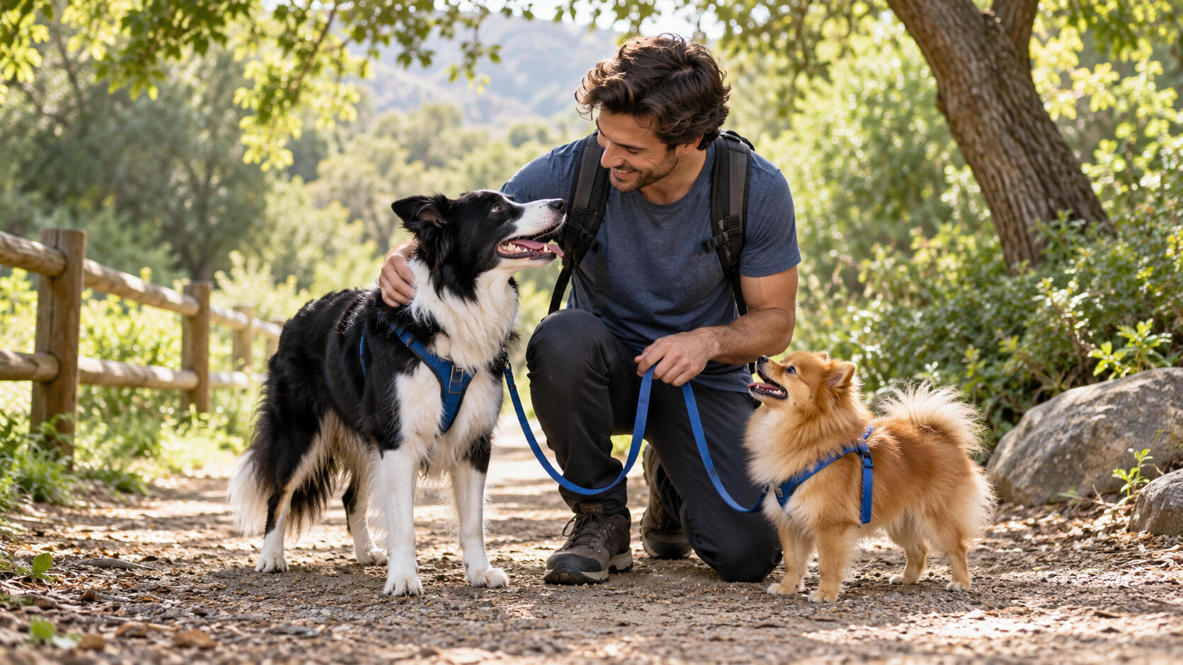 Caring dog walker greeting a border collie and Rio on a park trail.