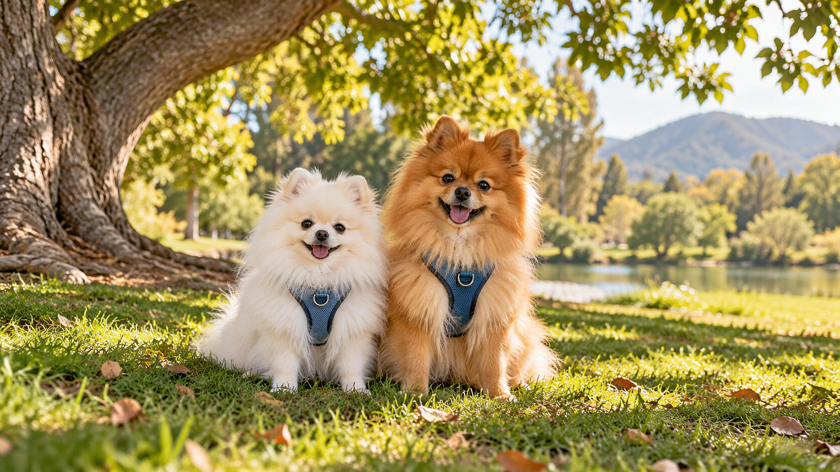 Poppy and Rio, white and orange Pomeranians, sitting together in a sunny park.
